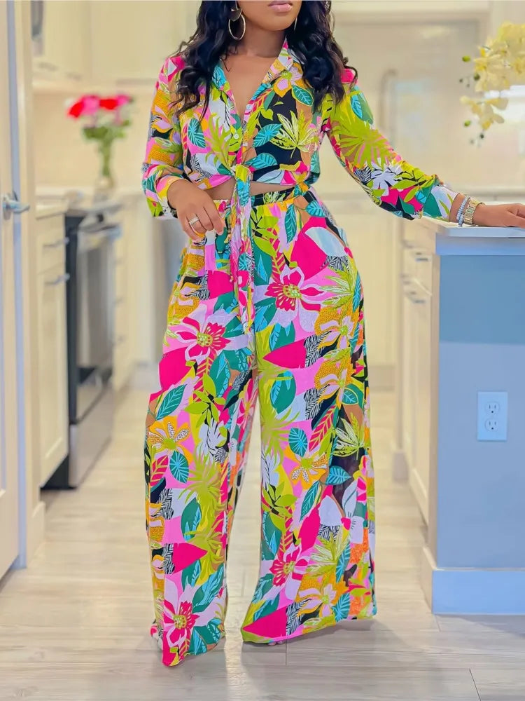 Tropical Pastel Flower Print Long Sleeve Blouse + Wide Leg Women's Trouser Pants 2-Piece Set