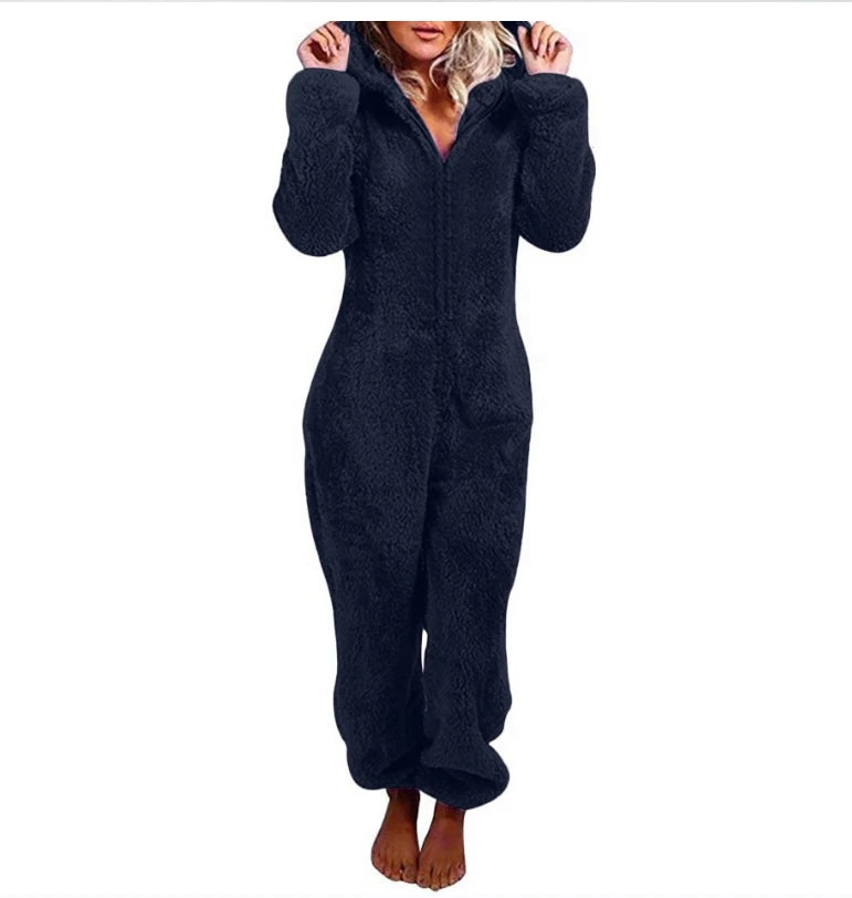 Faux Fur Fleece Women's Onesie Zipper Hoodie Teddy Jumpsuit