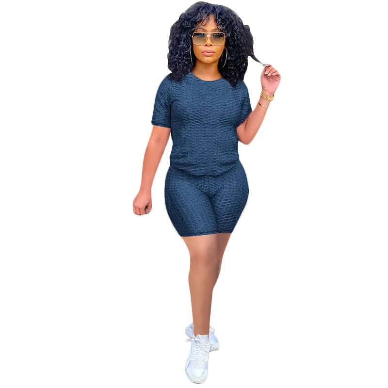 Texturized Sportswear O-Neck Solid Color Short Sleeve Women's T-Shirt + Shorts 2-Piece Fitness Workout Set
