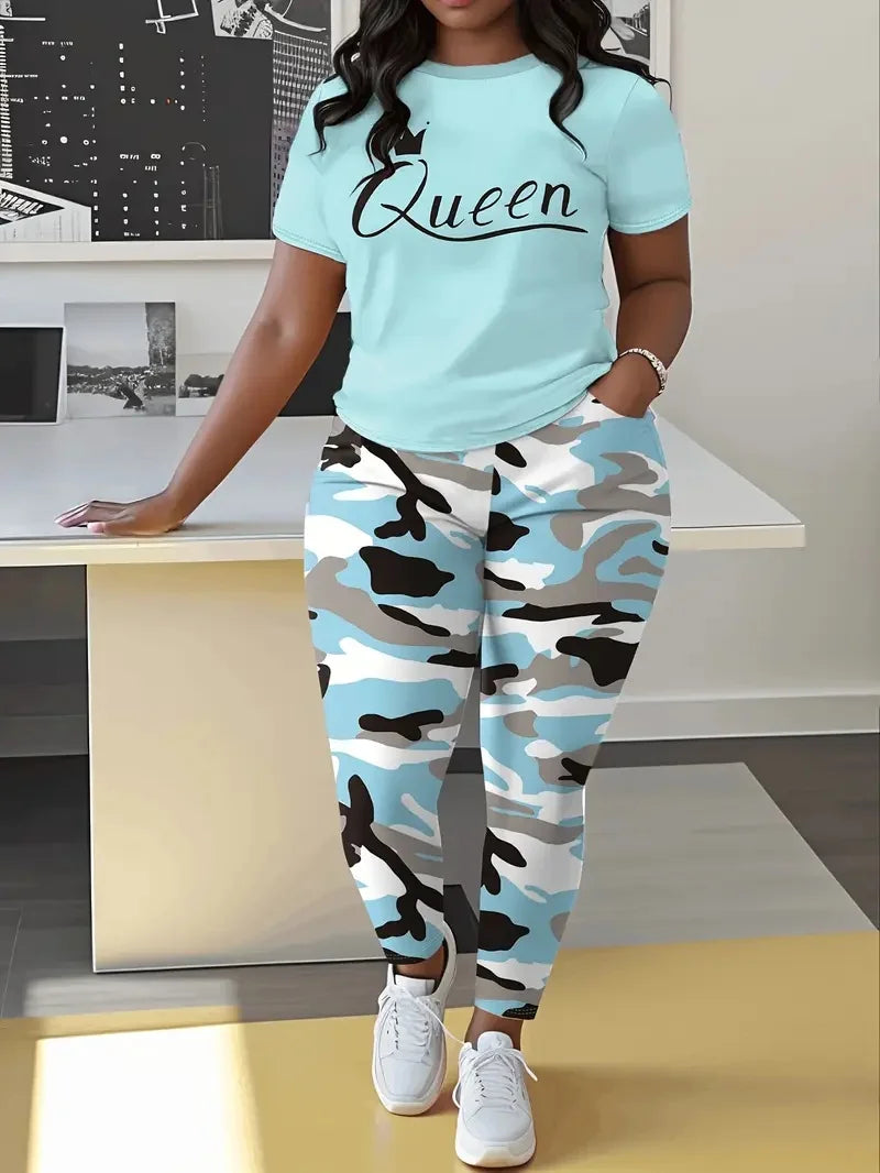 "Queen" Letter Print Women's O-Neck Short Sleeve T-Shirt + Camoflauge Pocketed Pants to 5X Plus Size
