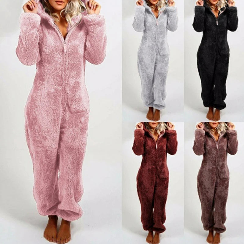 Faux Fur Fleece Women's Onesie Zipper Hoodie Teddy Jumpsuit