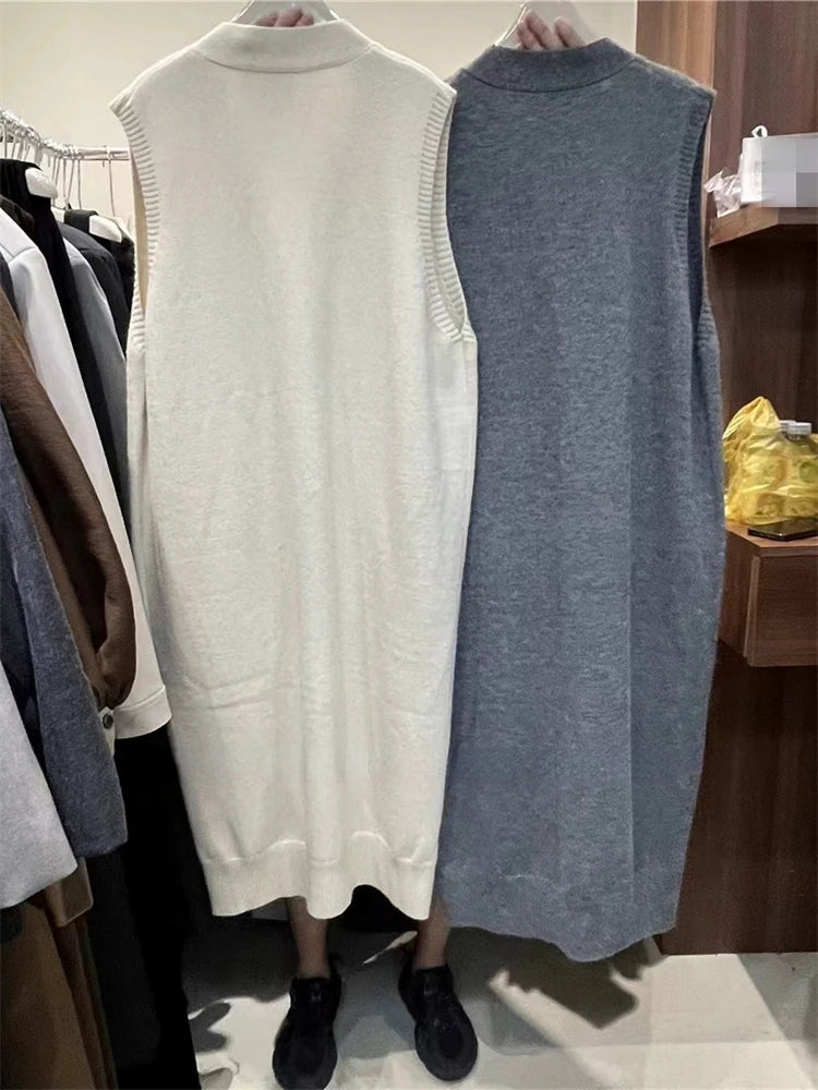 Sleeveless Knitted Button Front Vintage Oversized Knitted V-Neck Maxi Sweater Vest Dress