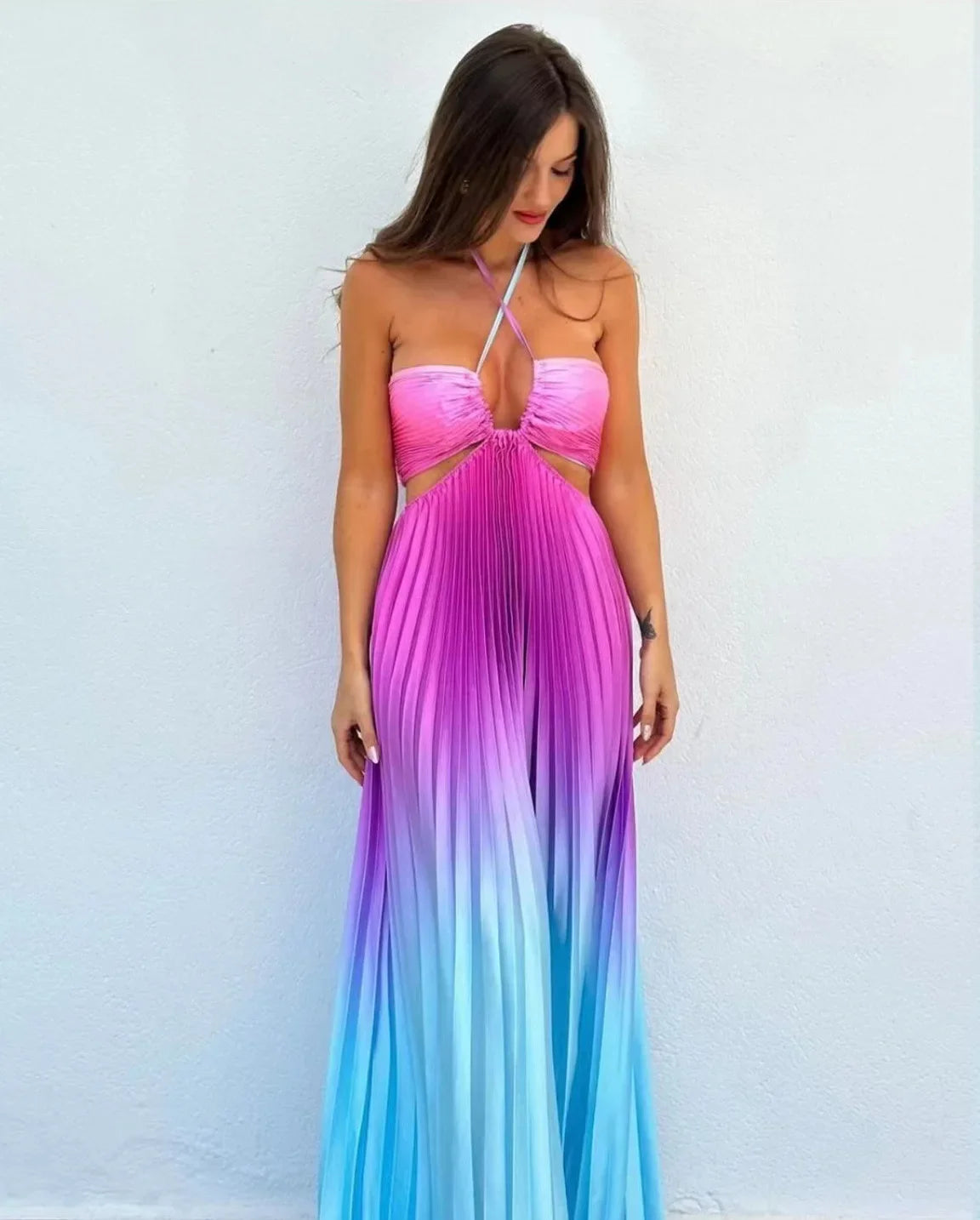 Gradient Colorblock Sleeveless Pleated Cut-Out Backless Maxi Beach Dress