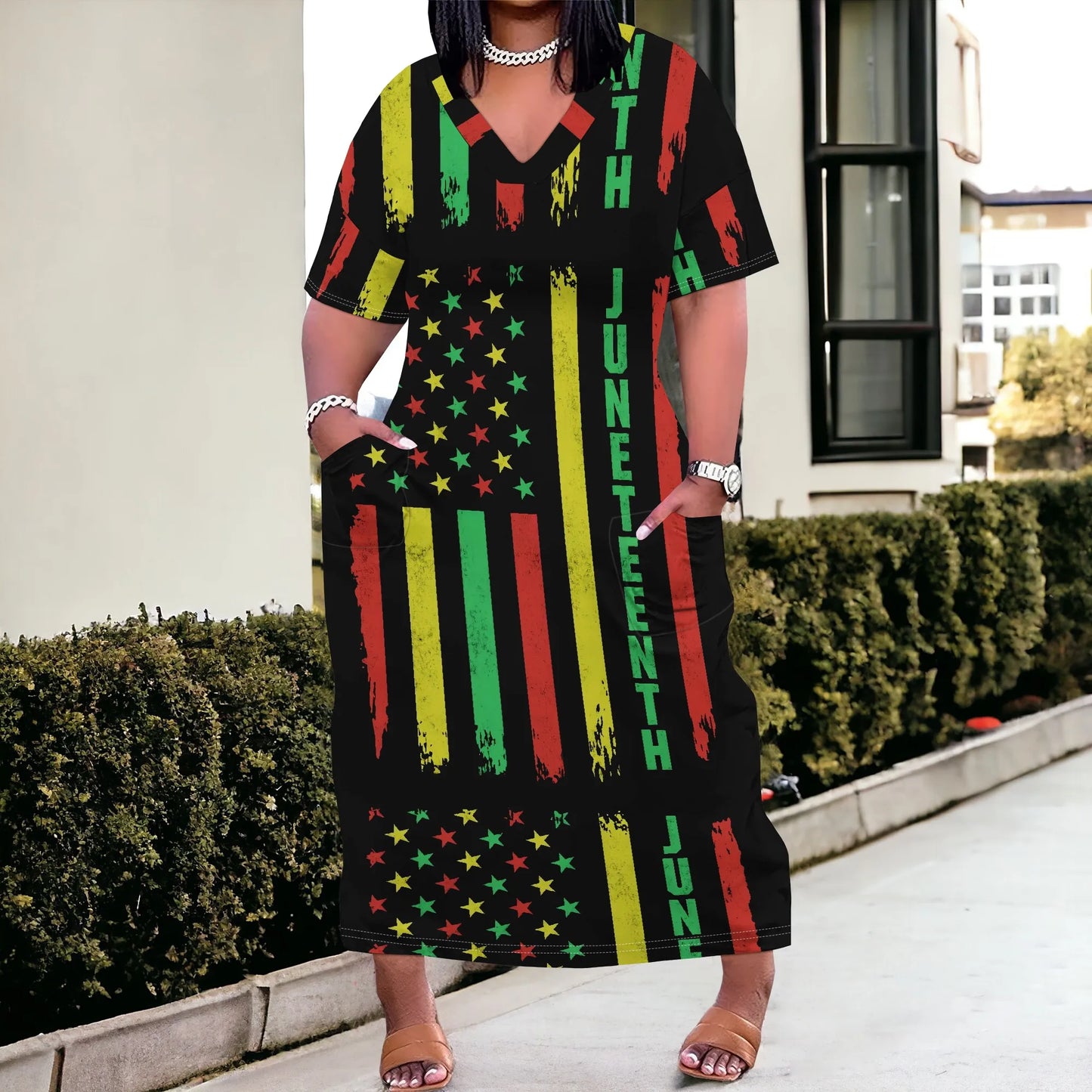 Juneteenth Flag African Colored Striped Short Sleeve Maxi Dress to 6X Plus Size