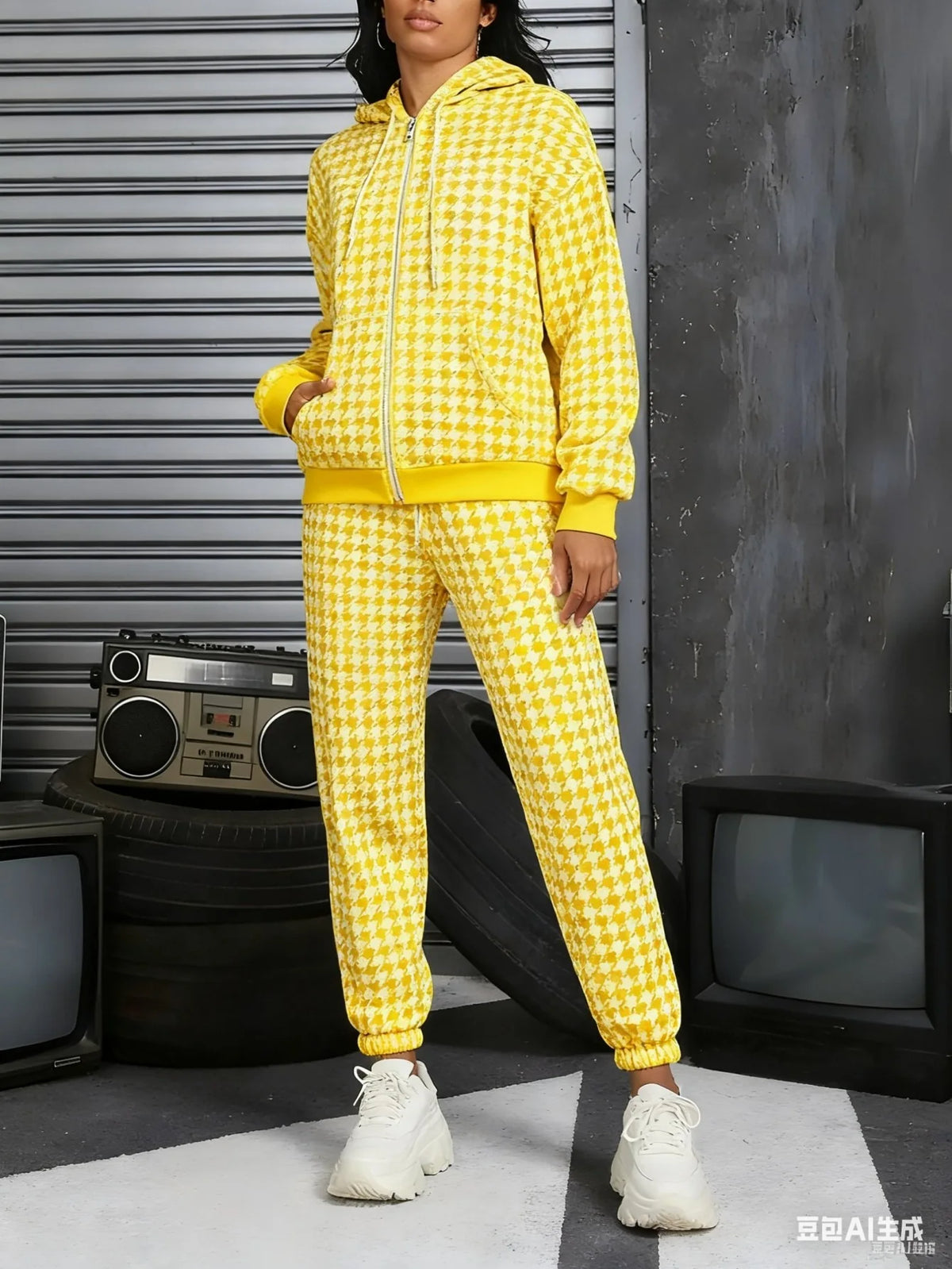 Drawstring Plaid Checker Colorblock/Houndstooth Print Women's Zipper Hoodie Jacket + Sweatpants Tracksuit