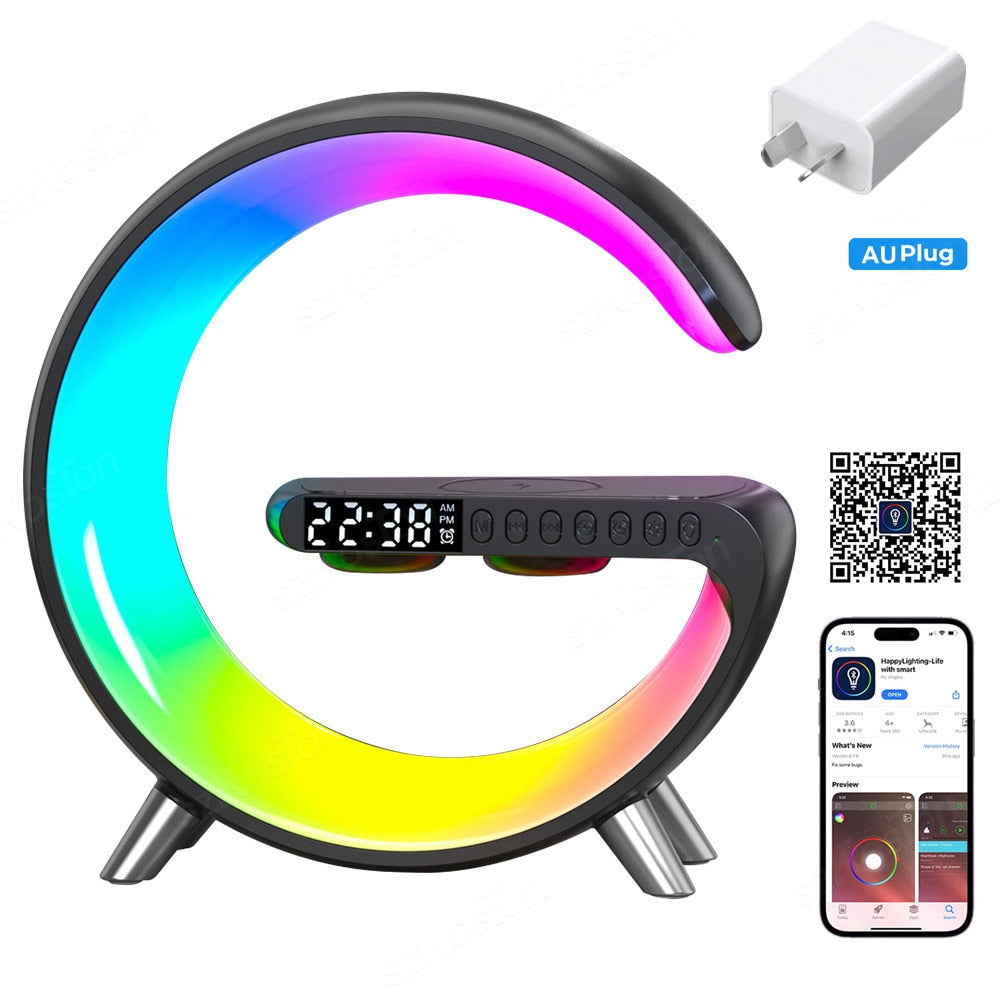 Smart APP LED RGB Night Light Atmosphere Desk Lamp Alarm Clock Speaker Wireless Charger