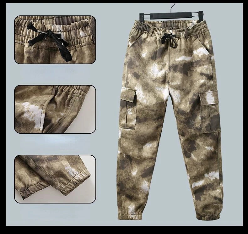 Men's Cotton Camoflauge Tie-Dye O-Neck Multi-Pocket Zipper Utility Jacket + Drawstring Cargo Sweatpants Tracksuit