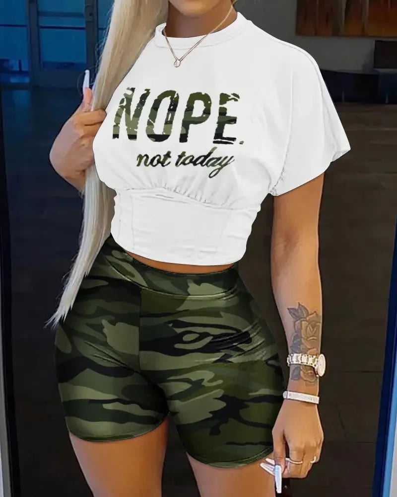 "NOPE Not Today"/Faith/Lip/Striped/Stiletto/Eyelash Print Women’s O-Neck Short Sleeve T-Shirt + Mini Shorts 2-Piece Set