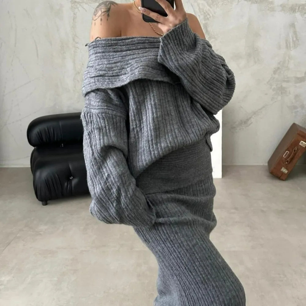 Off-the-Shoulder Women's Sweater + Solid Knitted Maxi Skirt Two-Piece Sweater Set