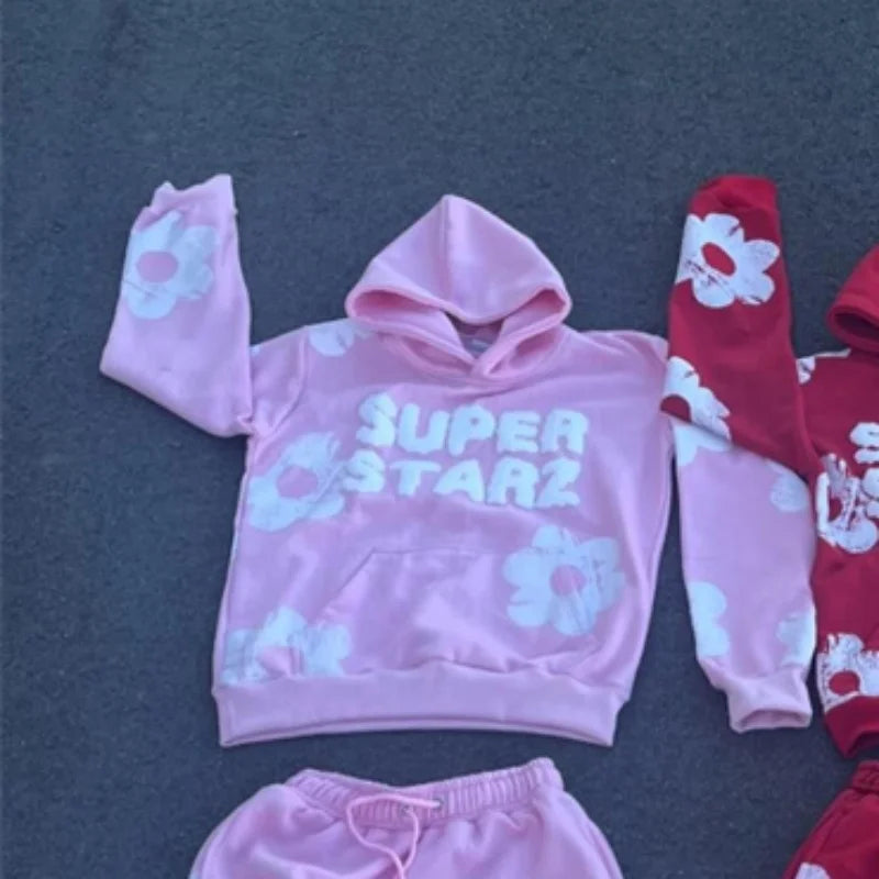 Men's "SUPERSTAR" Letter Print Big Flower Design Hoodie Sweatshirt + Drawstring Sweatants Hip-Hop Tracksuit