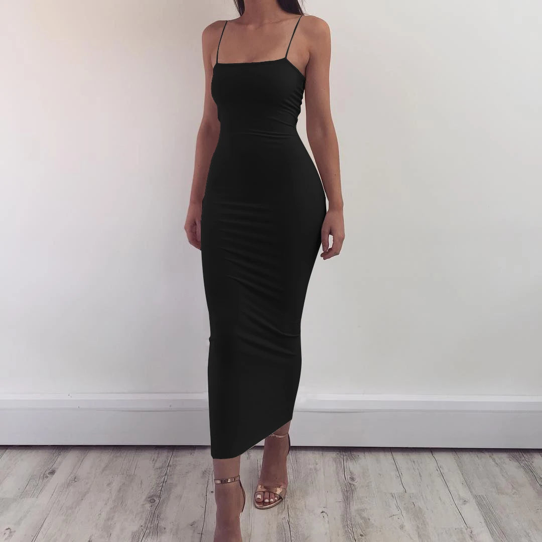 Solid Color Camisole Backless Slash Neck Spaghetti Strap Bodycon Maxi Dress