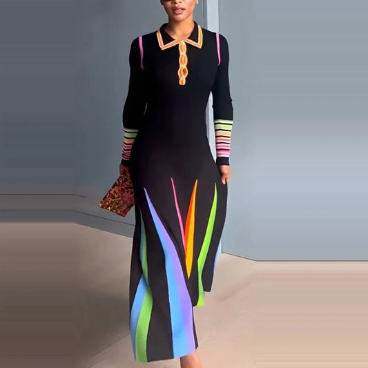 Rainbow Patchwork Colorblock Striped Turn-Down Collar Skinny Long Sleeve Button Front Shirt Dress