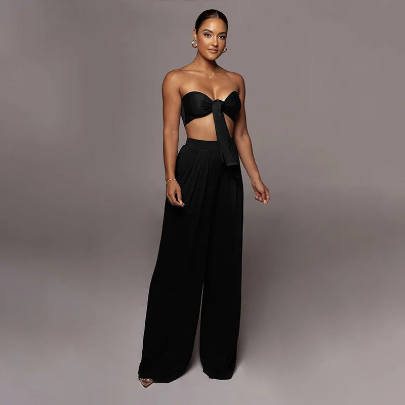 Sleeveless Bowknot Design Tube Top+ Wide Leg Pants Women's Solid Color 2-Piece Set