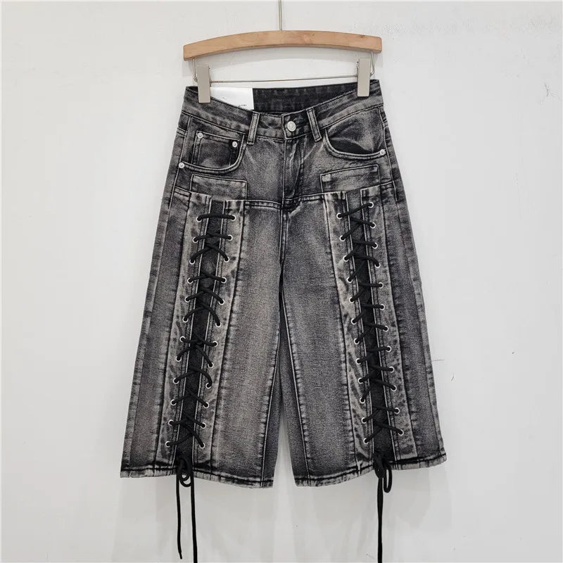 Denim Drawstring Women's Criss-Cross Pattern Lace-Up High Waist Wide Leg Cargo Jean Shorts