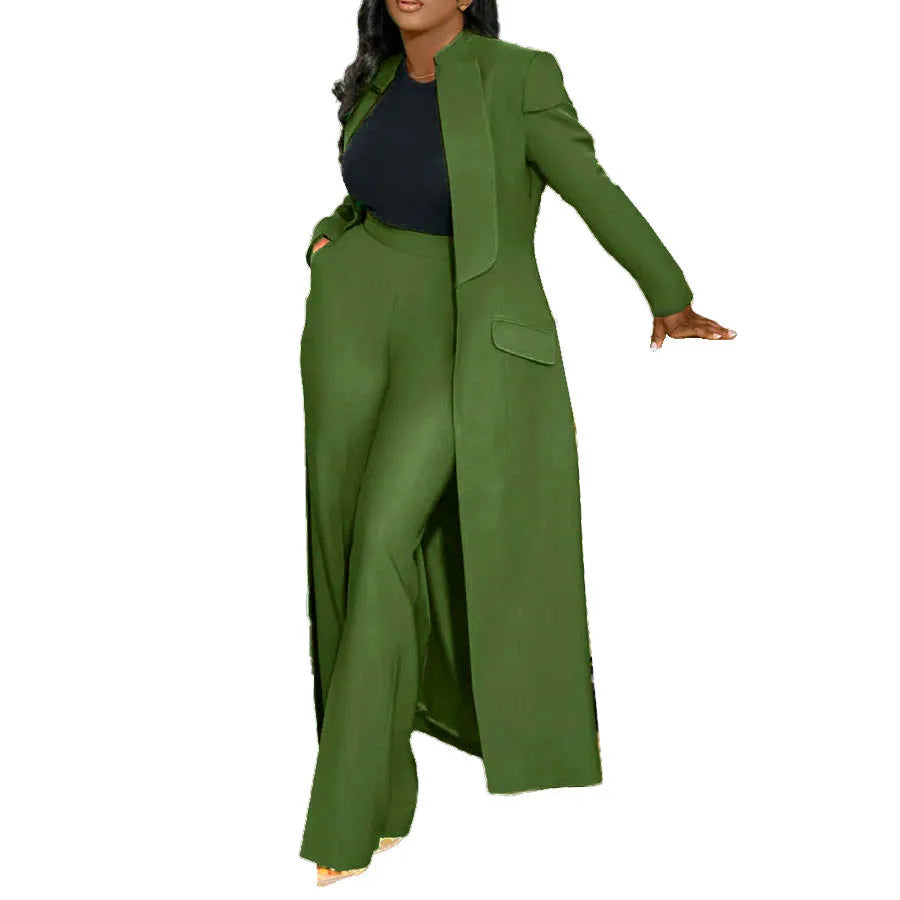 Notched Collar Solid Color Pocketed Maxi Trench Blazer + Pants Women's Office/Formal Party Suit