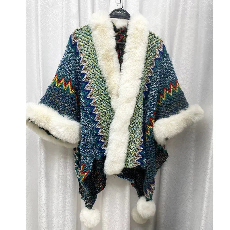 Hooded Fringe Tassel PomPom Decor Geometric Striped Colorblock Cape Cloak Shawl Wrap Scarf Sweater