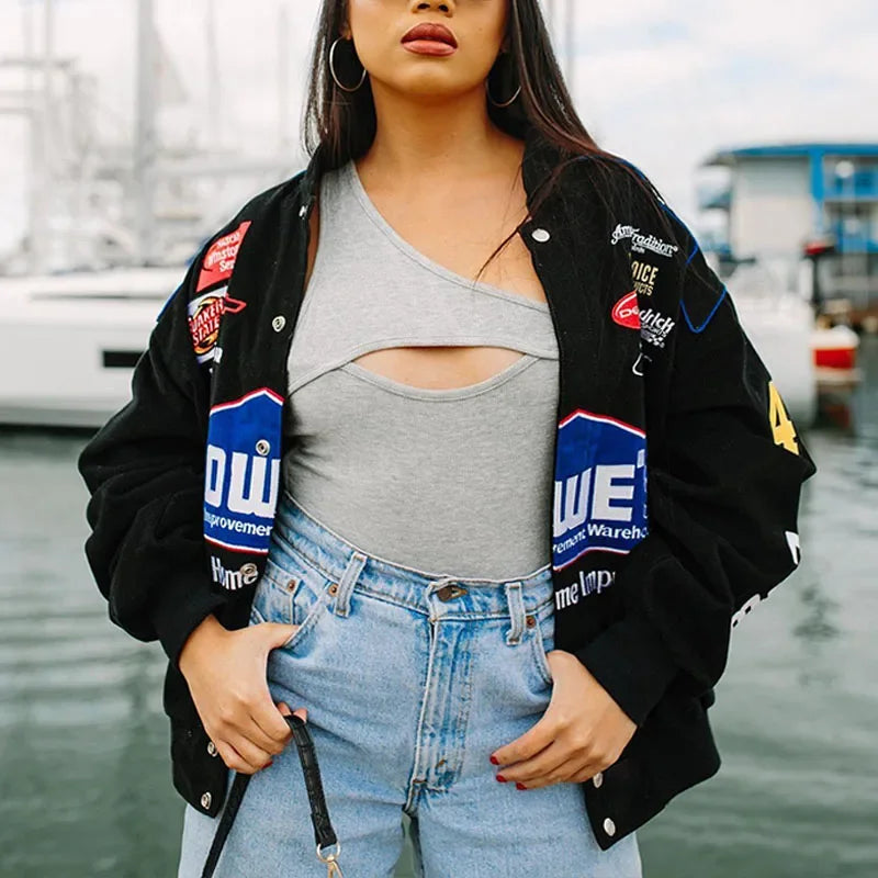 Streetwear Hip-Hop Patchwork Women's Multi Logo Biker Racing Zipper Bomber Jackets