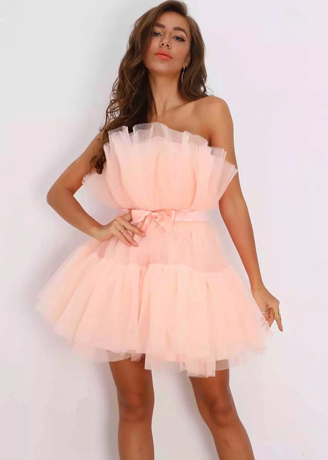 Ruffle Strapless Gauze Party Dress