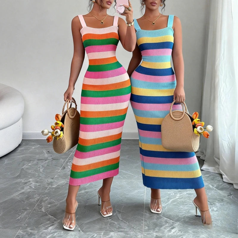Rainbow Striped Ribbed Sleeveless Knitted Bodycon Maxi Dress