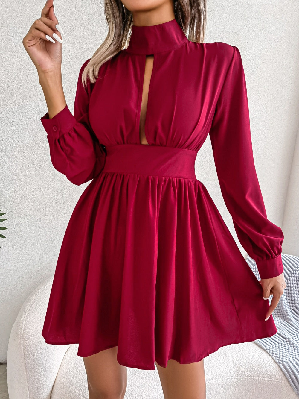 Hollow Out Deep V-Neck Long Sleeve A-Line Mini Dress