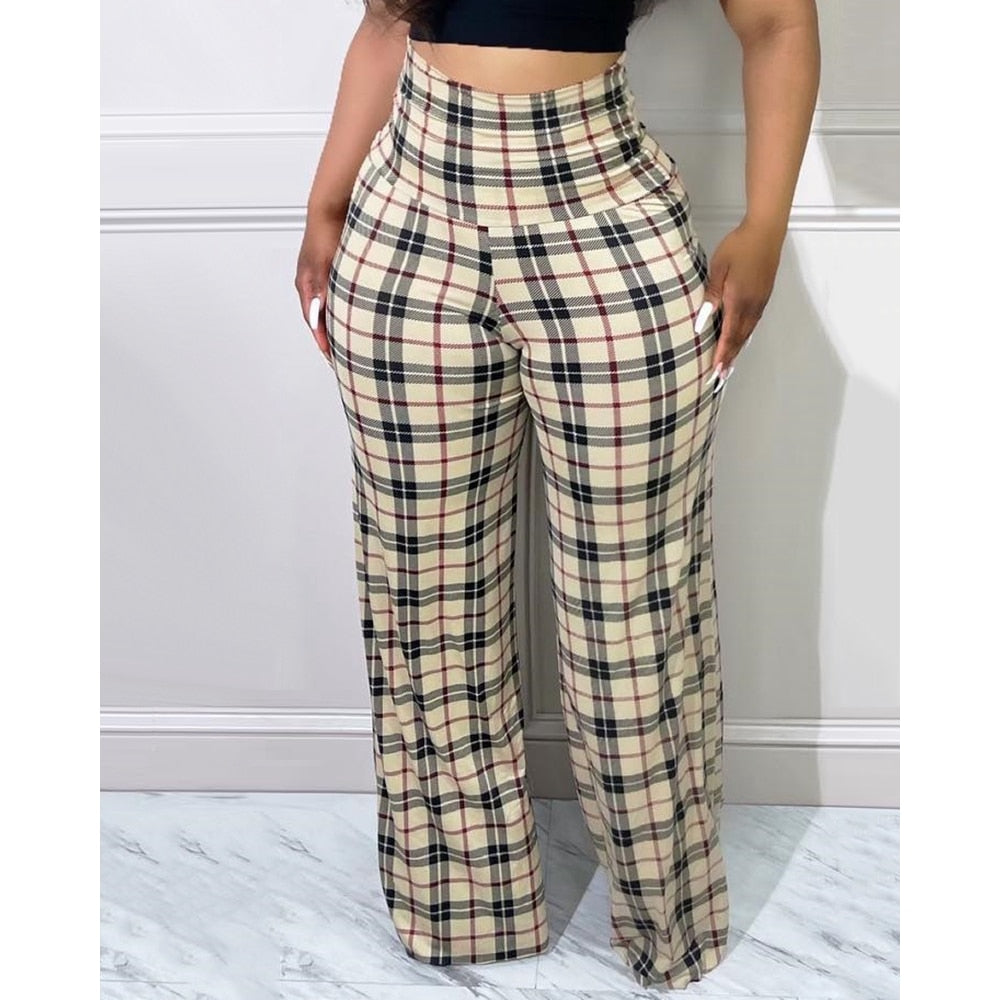 Plaid Print Wide Leg Ladies Trouser Pants