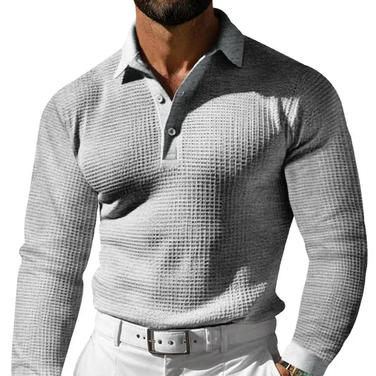 Men's Waffle Pattern Long Sleeve Turn-Down Collar Pullover Polo Shirt