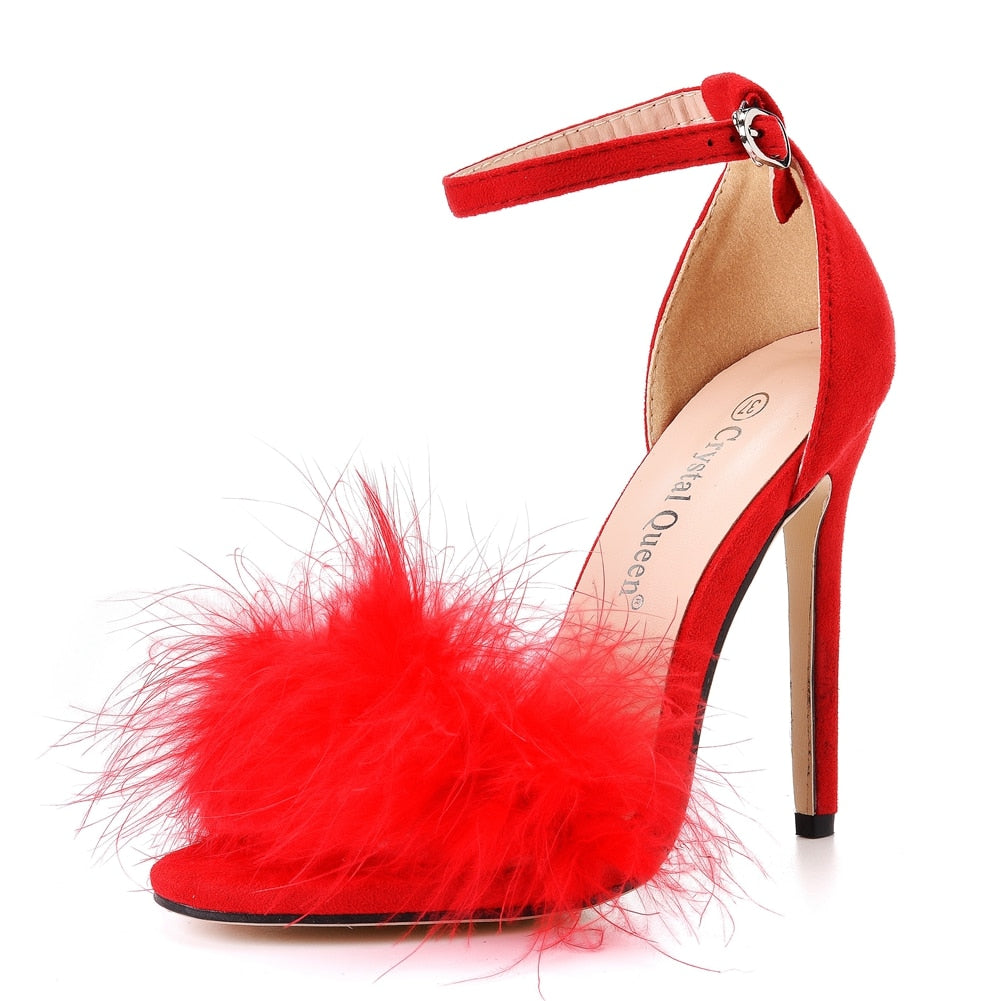 Furry Peep Toe Stiletto Ankle Strap Sandals