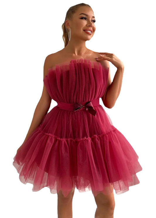 Ruffle Strapless Gauze Party Dress