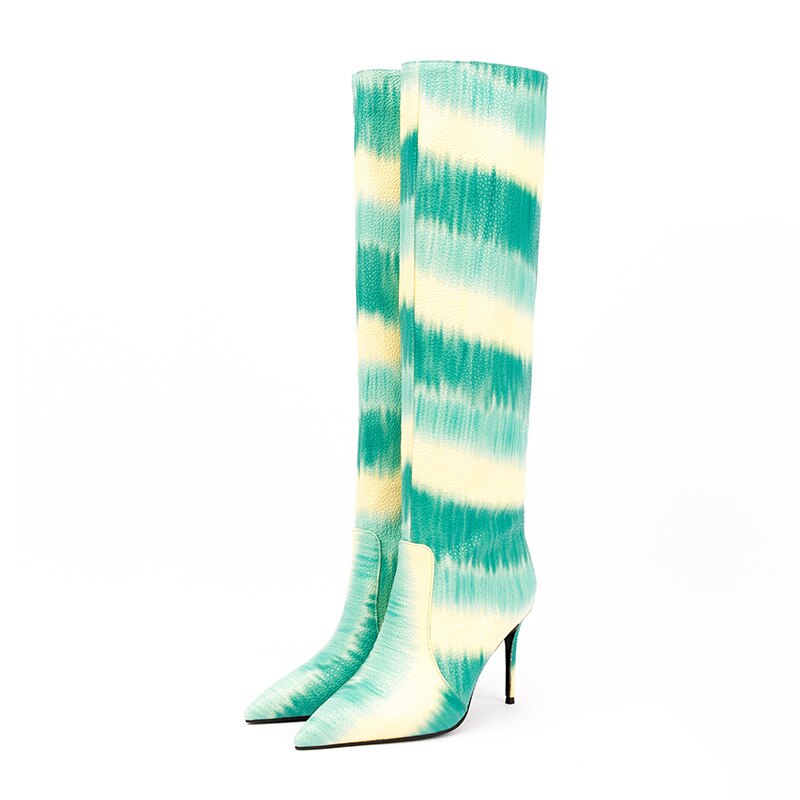 Colorful Striped Snake Print Stiletto Pointed Toe Knee High Boots