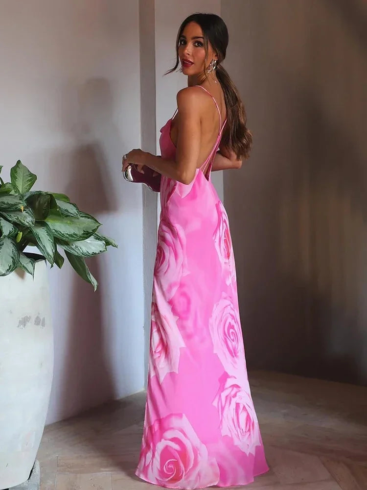 Chiffon Rose Sling Floral Print Backless Suspender Maxi Dress