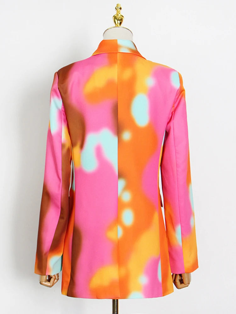 Tie-Dye Notched Collar Double Breasted Long Sleeve Blazer + Harem Pants Women's Suit