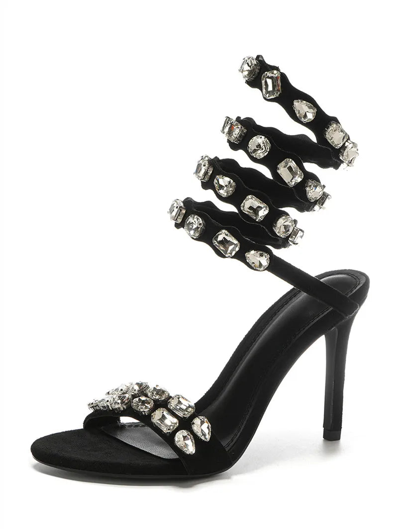 Rhinestone Crystal Embellished Spiral Band Stiletto Heel Gladiator Open Toe Sandal Pumps