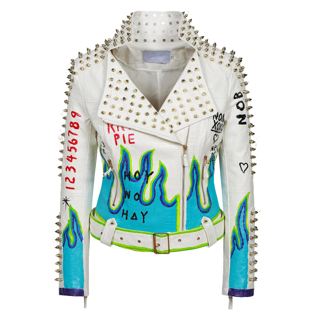 Rivet Spiked Stud Fire Flame Design Women's PU Leather Punk Biker Jacket