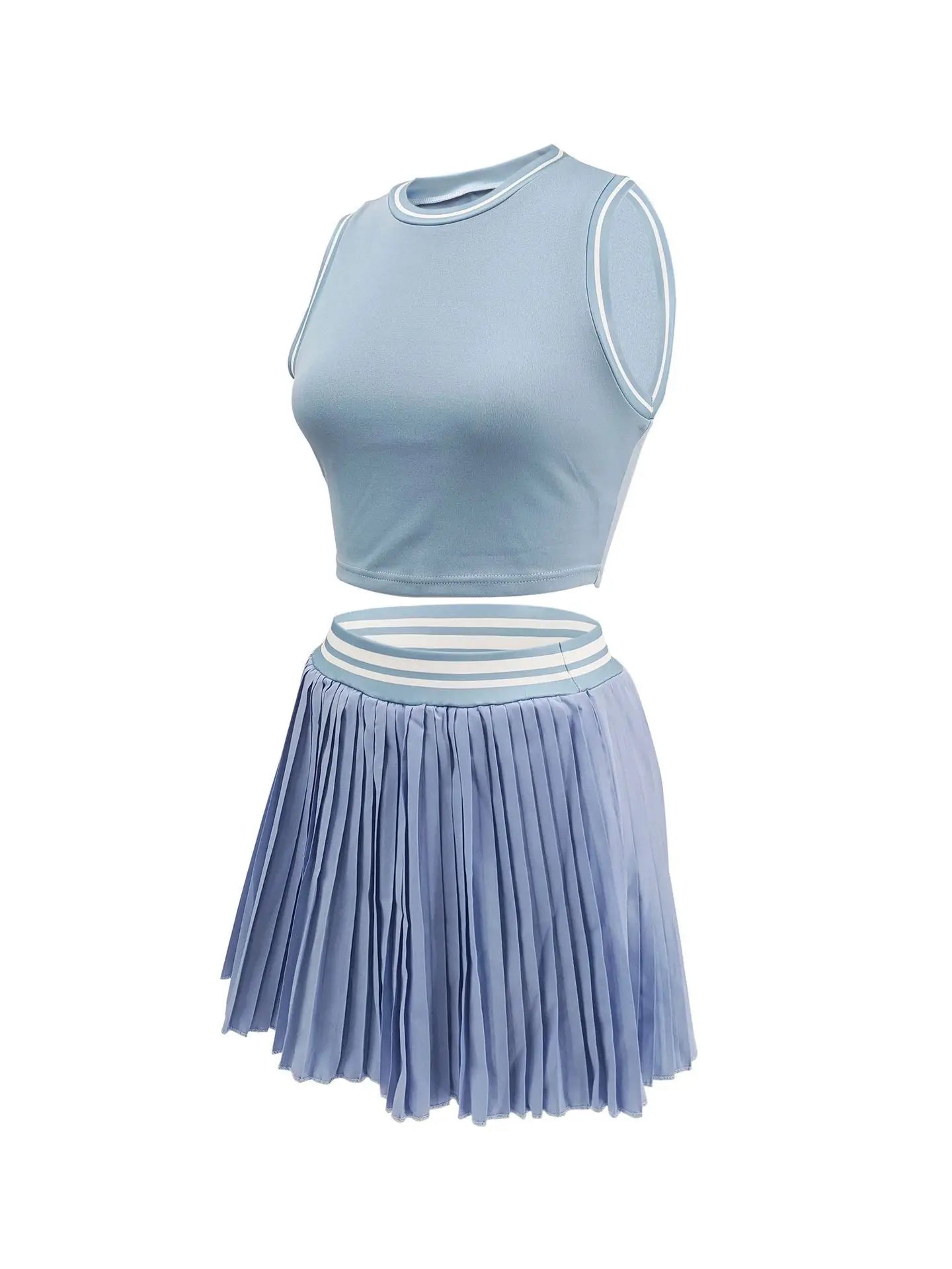 Sleeveless Solid Color O-Neck Crop Tank Top + Pleated Mini Tennis Skirt Women's Fitness 2-Piece Set