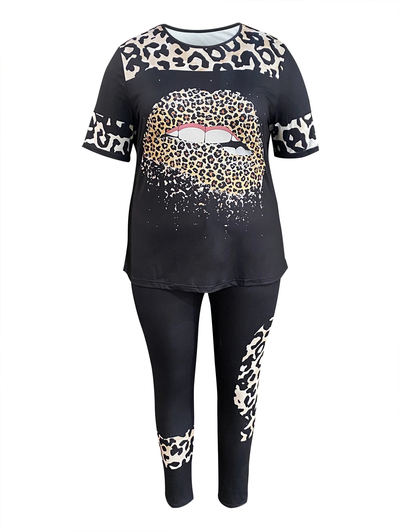 Leopard Lip Print Ladies Short Sleeve Top + Skin Tight Leggings 2-Piece Set to 5X Plus Size