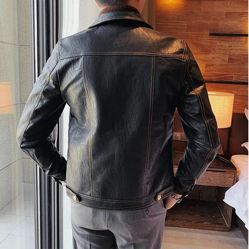 Men's Casual PU Leather Biker Motorcycle Zipper Jacket