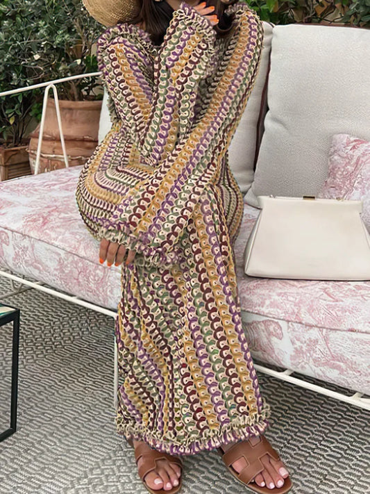 Striped Open Lace Stitch Pattern Backless Contrast Color Long Sleeve Loose Maxi Sweater Dress
