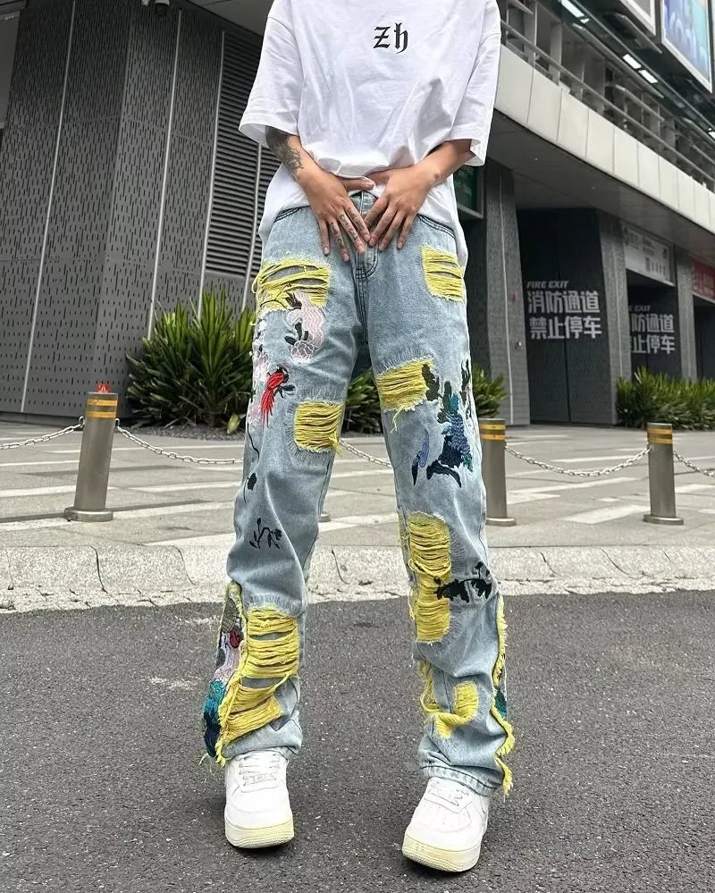 Streetwear Baggy Stacked Ripped Graphic Embroidered Hip Hop Jeans