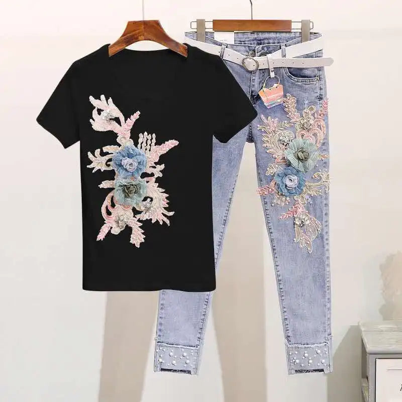 Floral Embroidered Women's Short Sleeve T-Shirt + Matching Denim Jeans 2-Piece Set to 3X Plus Size