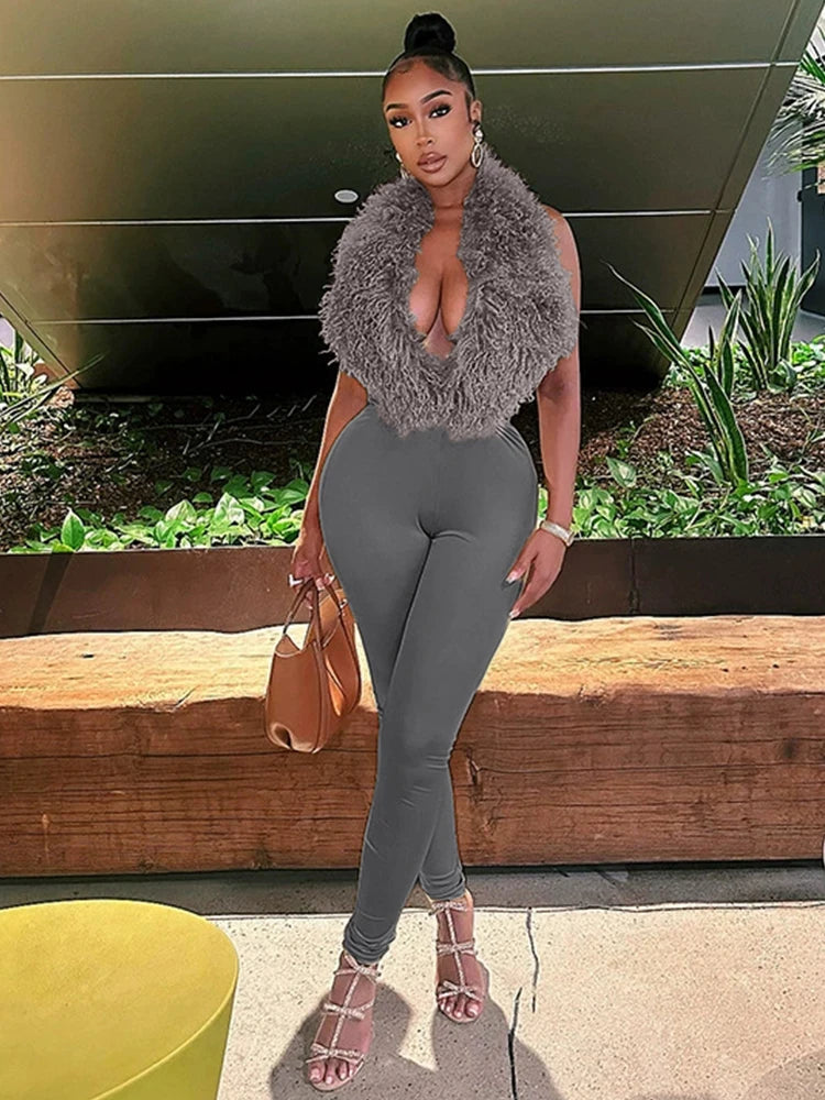 Sleeveless Faux Fur Tassel Lace-Up Halter Women's V-Neck Backless Vest + Elastic Leggings 2-Piece Set