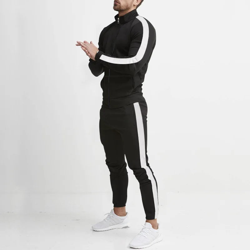 Men's Striped Mandarin Collar Fitness Zipper Jacket + Skinny Side Striped Jogger Sweatpants Tracksuit