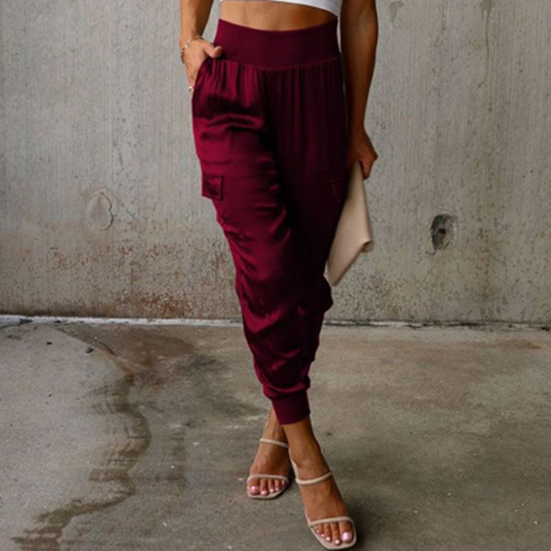 Satin Solid Color Women's Elastic Waist Cargo Pants