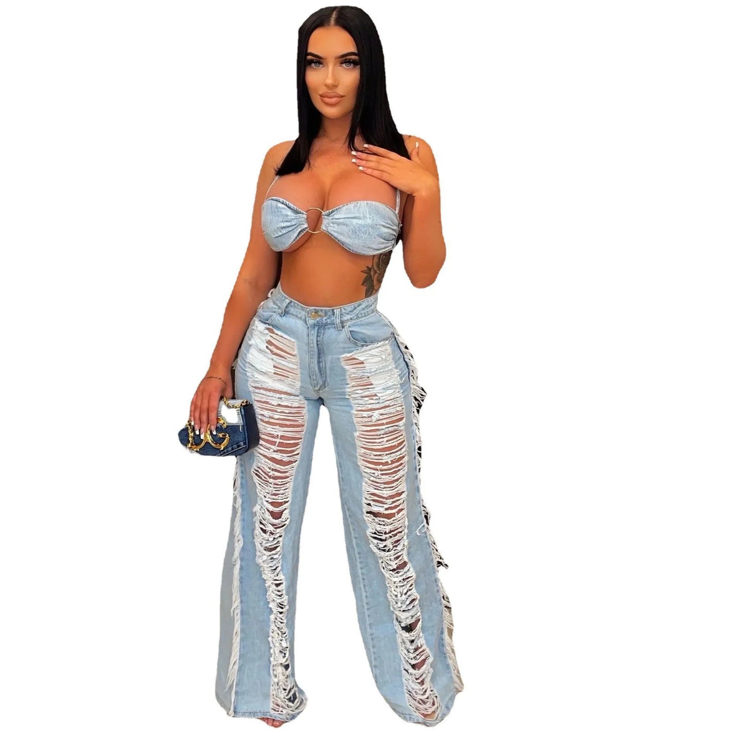Sky Blue Denim Sleeveless Crop Tube Top + Ripped Women's Tassel Fringe Hollow-Out Two Piece Sets Women Outifits