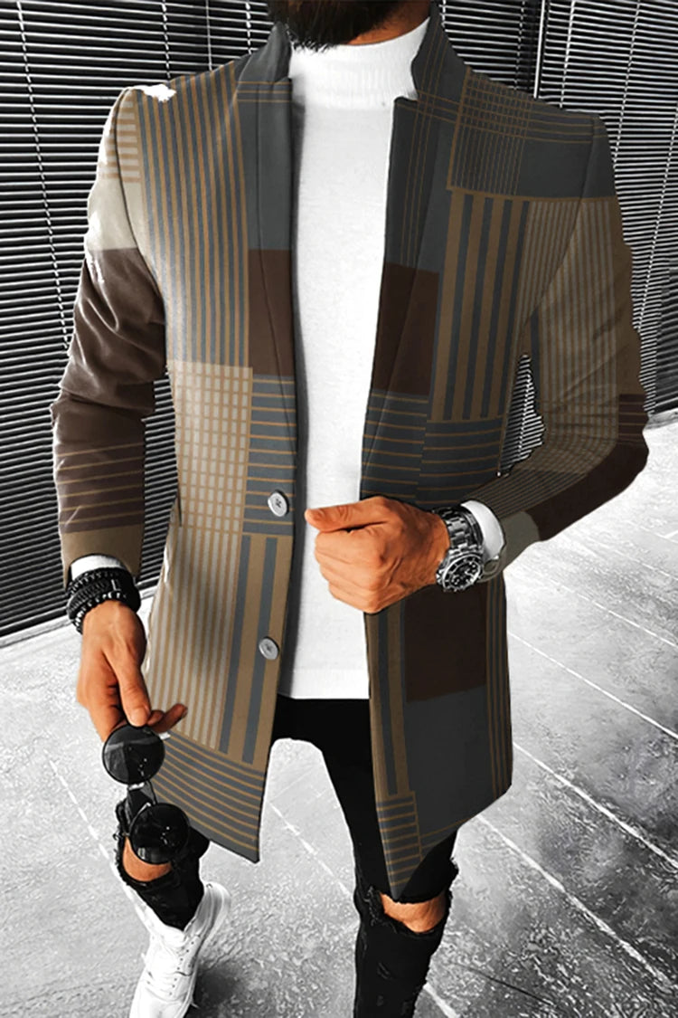 Men's Stand Collar Colorblock/Plaid/Geometric/African 3D Print 3/4 Length Button-Up Jacket 5X Big & Tall