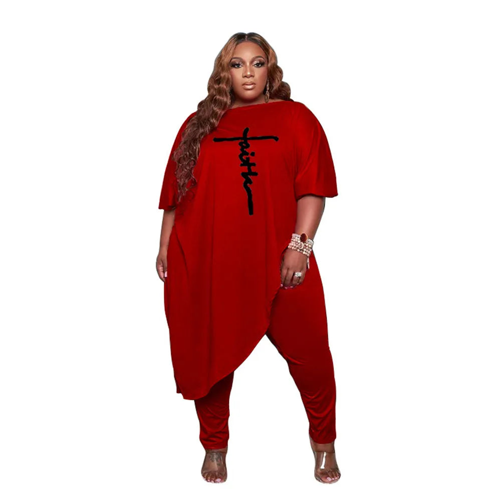 "Faith" Oversized Mid-Sleeve Plus Size Slanted Shoulder Embroidered Maxi Shirt + Leggings Matching 2-Piece Set to 5X