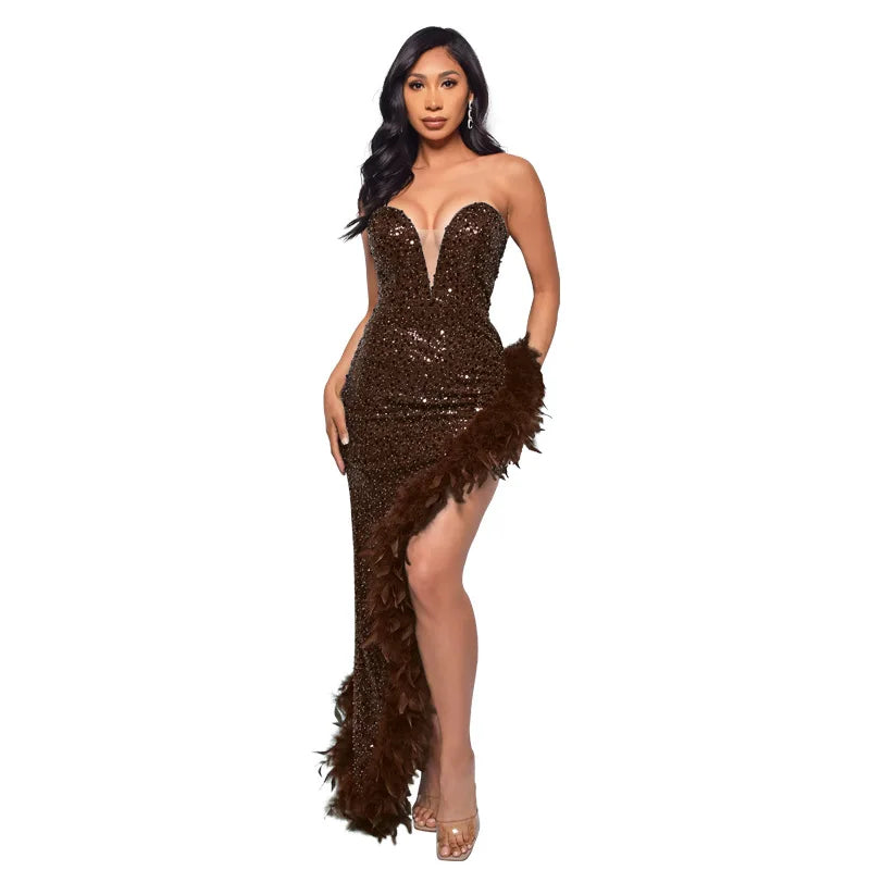 Tube Feather Hem Sparkling Crystal Sleeveless Backless High Side Slit Bodycon Formal Party/Prom Maxi Evening Dress