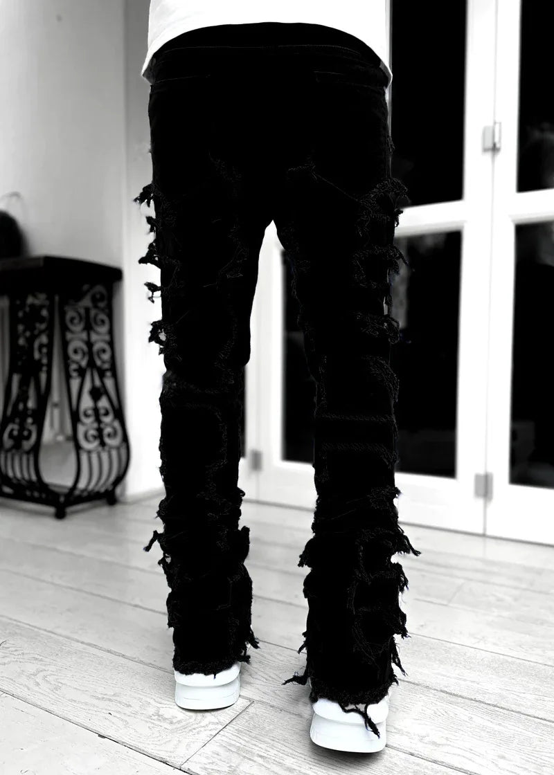 Men's Denim Fringe Ripped Hip-Hop Stretch Stacked Elastic Waist Straight Patchwork Jeans