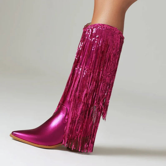 Western Cowgirl Metallic Glitter Tassel Fringe Detail Sequined Knee-High Women's Zipper Low Heel Boots