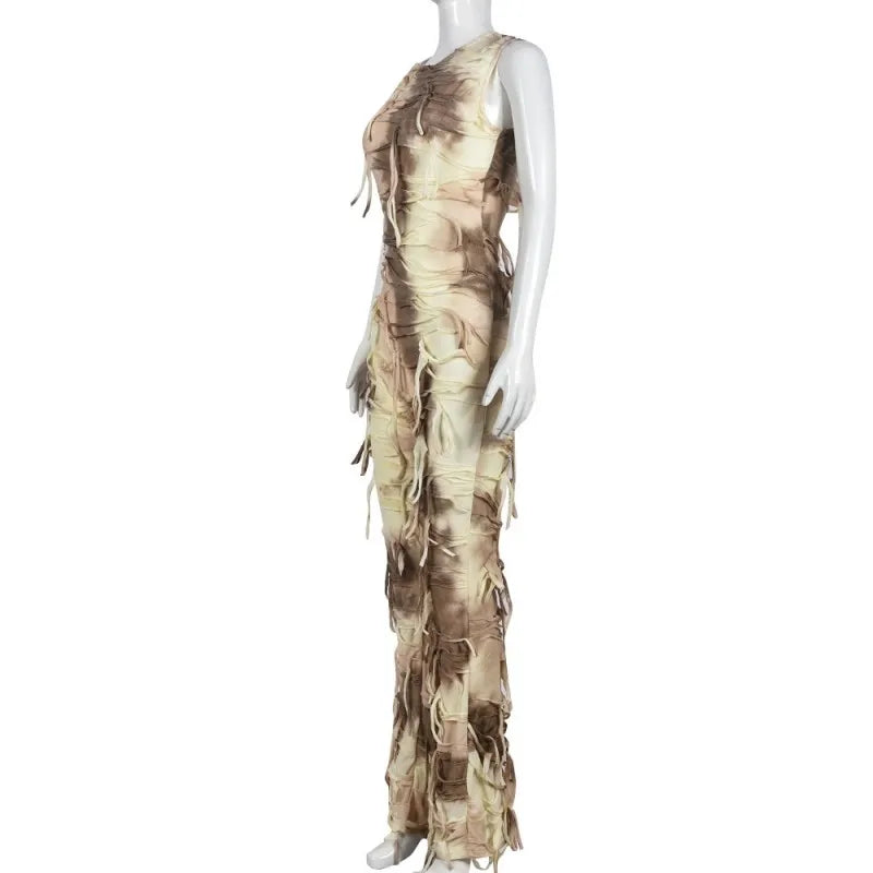 Tassel Design Tie-Dye Fringe Streetwear Bodycon Skinny Sleeveless Knitted Jumpsuit