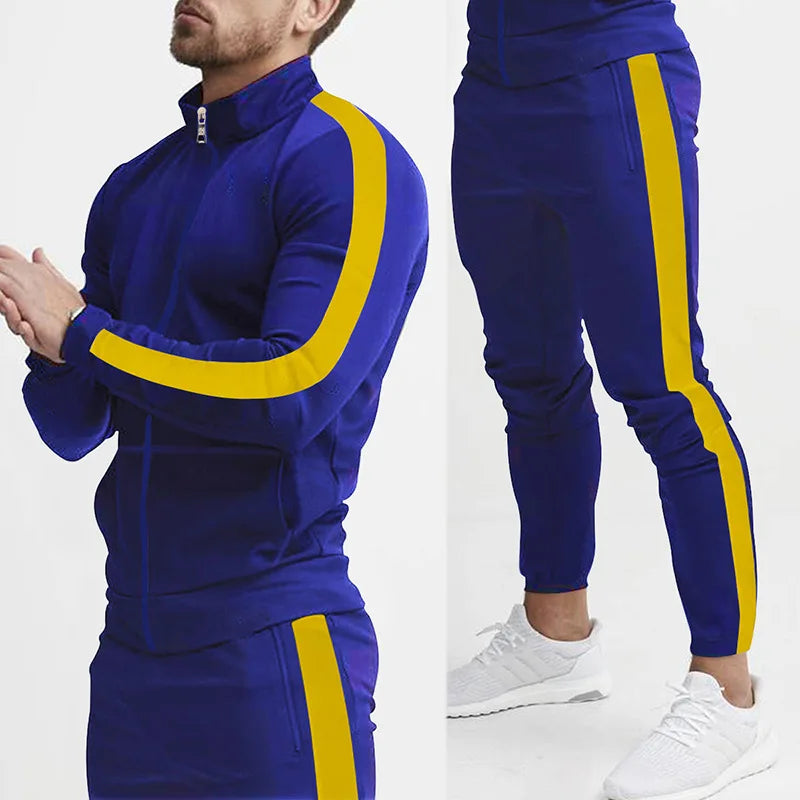 Men's Striped Mandarin Collar Fitness Zipper Jacket + Skinny Side Striped Jogger Sweatpants Tracksuit